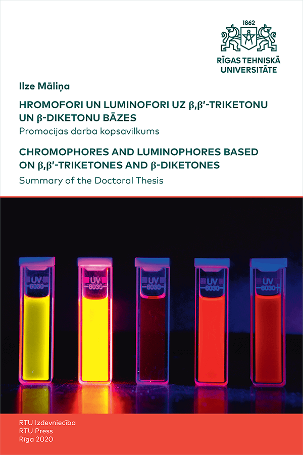 Promocijas darba kopsavilkuma "Hromofori un luminofori uz β,β’-triketonu un β-diketonu bāzes" vāks